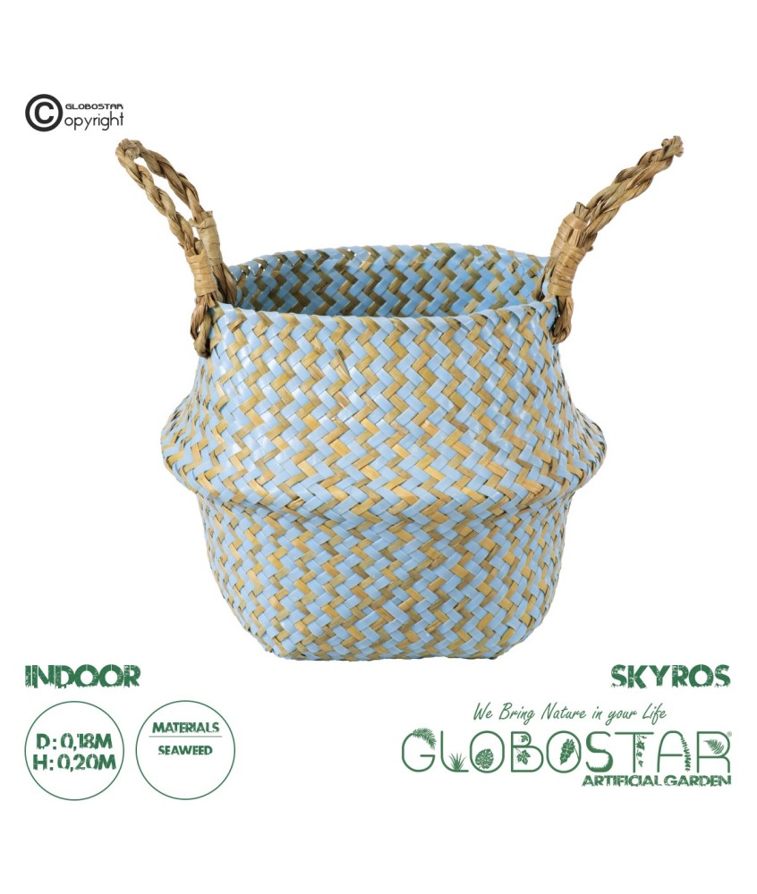 GloboStar® Artificial Garden SKYROS 20340 Διακοσμητικό Ψάθινο Καλάθι - Κασπώ Γλάστρα - Flower Pot Μπλε με Καφέ Φ18cm x Υ20cm